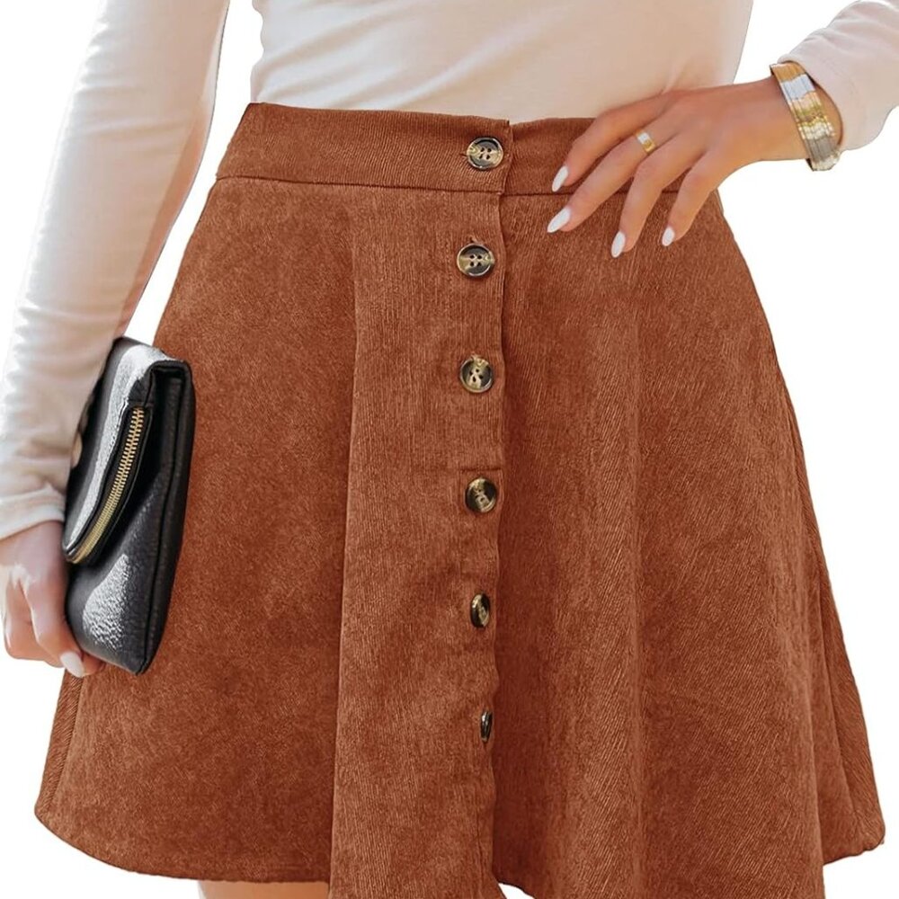 Women’s Button Front Mini Skirt A-Line Pleated Corduroy Skater Skirts For Women